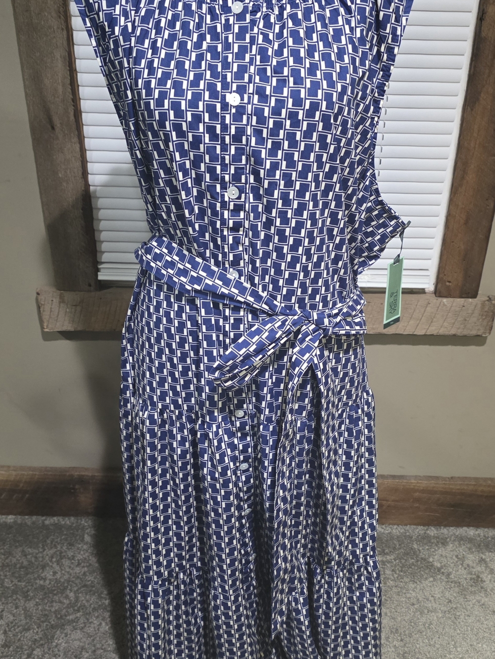 Terra & Sky Blue and White Geometric Tie-Waist Maxi Dress